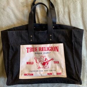 True Religion Black Canvas Tote with White Front Patch and Red Logo